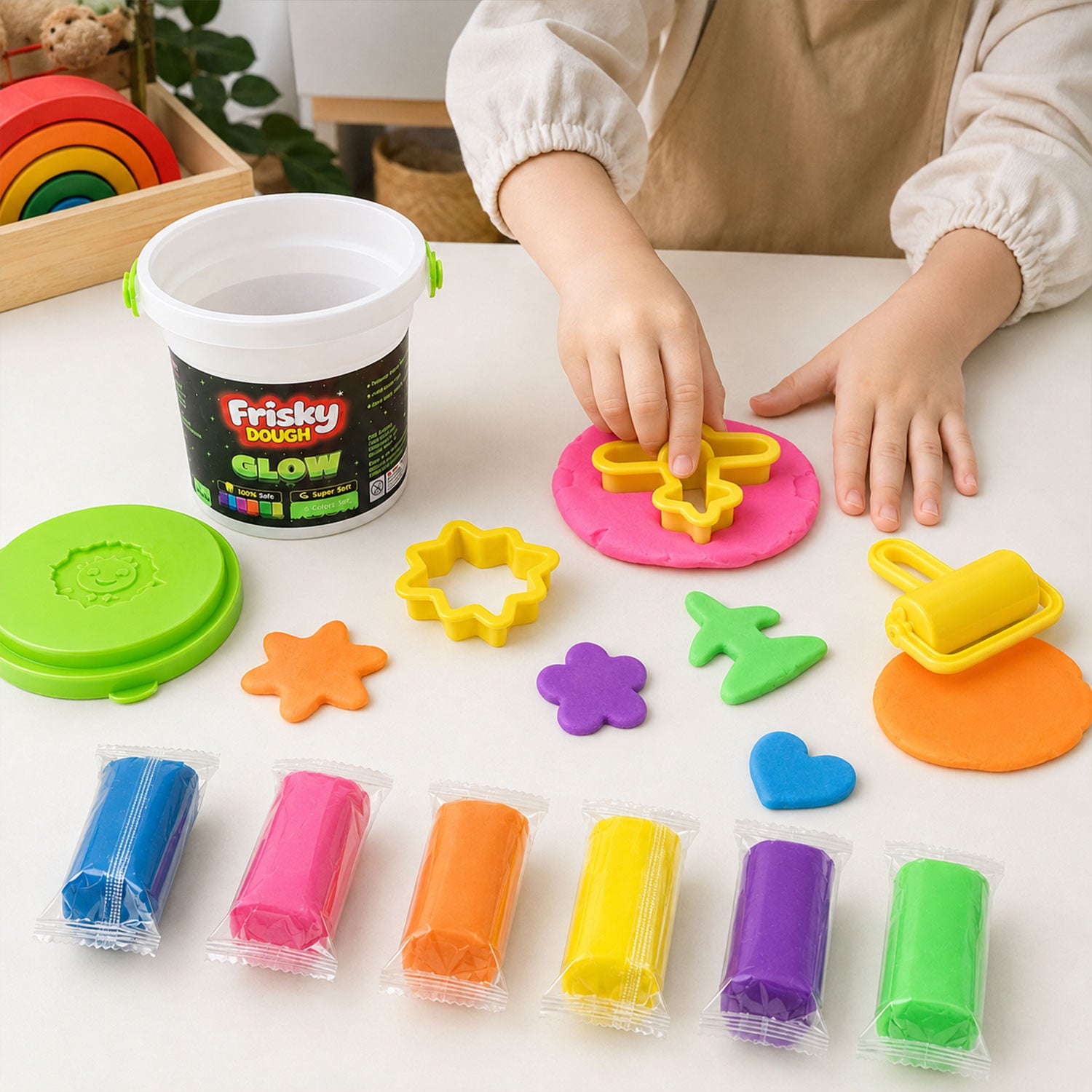 Glow Play Dough Bucket Set 120g with 6 Colour Doughs, Shape Molds & Roller for Kids