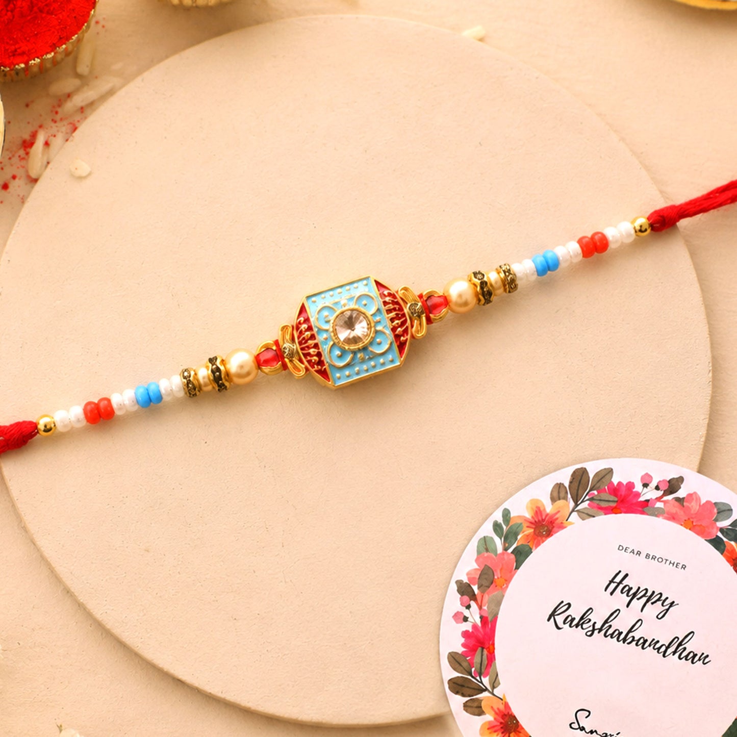 Sky Blue-Red Meenakari Designer Bhaiya Rakhi for Brother with Beads Gift