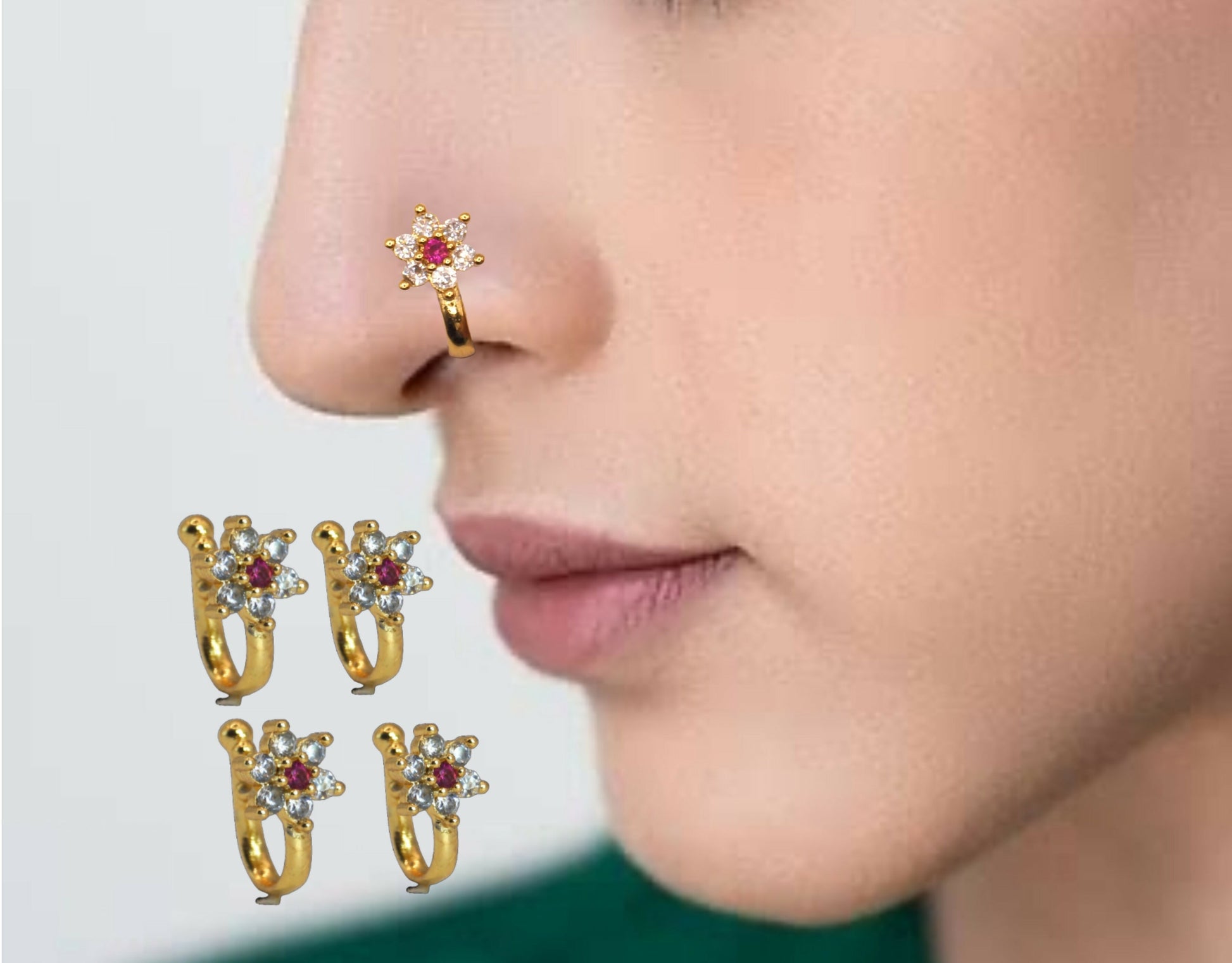 Gold Plated Floral Red & White Stone Clip-On Nose Ring for Women Combo Pack of 4