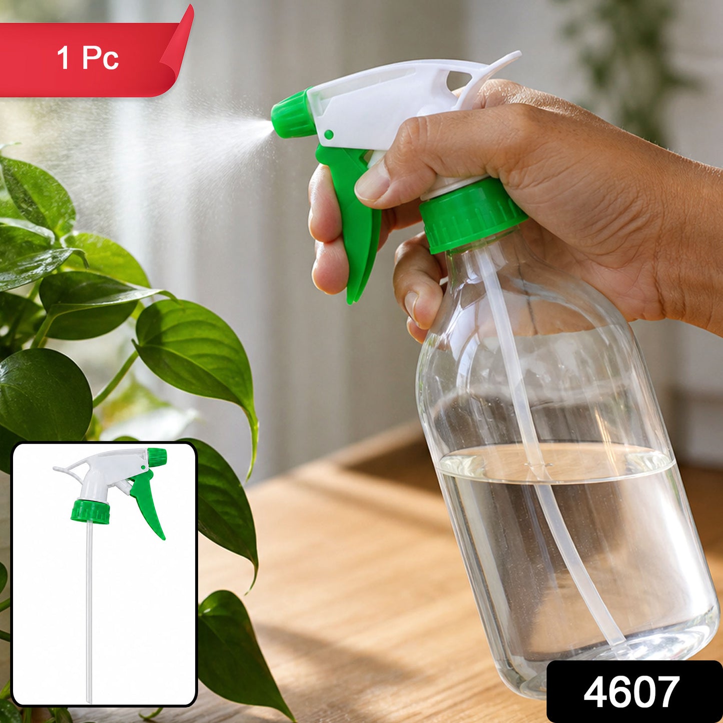 A hand holds a green and white trigger sprayer nozzle on a clear bottle, misting a green plant, with a red '1 Pc' label.