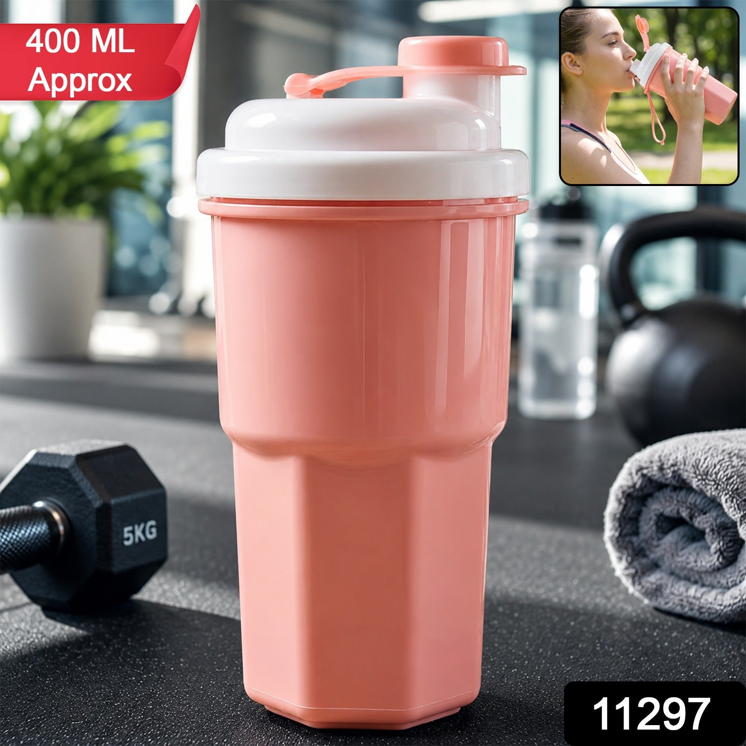 Sports Water Bottle 400ml Leakproof Flip Lid Shaker Tumbler for Gym (1 Pc)