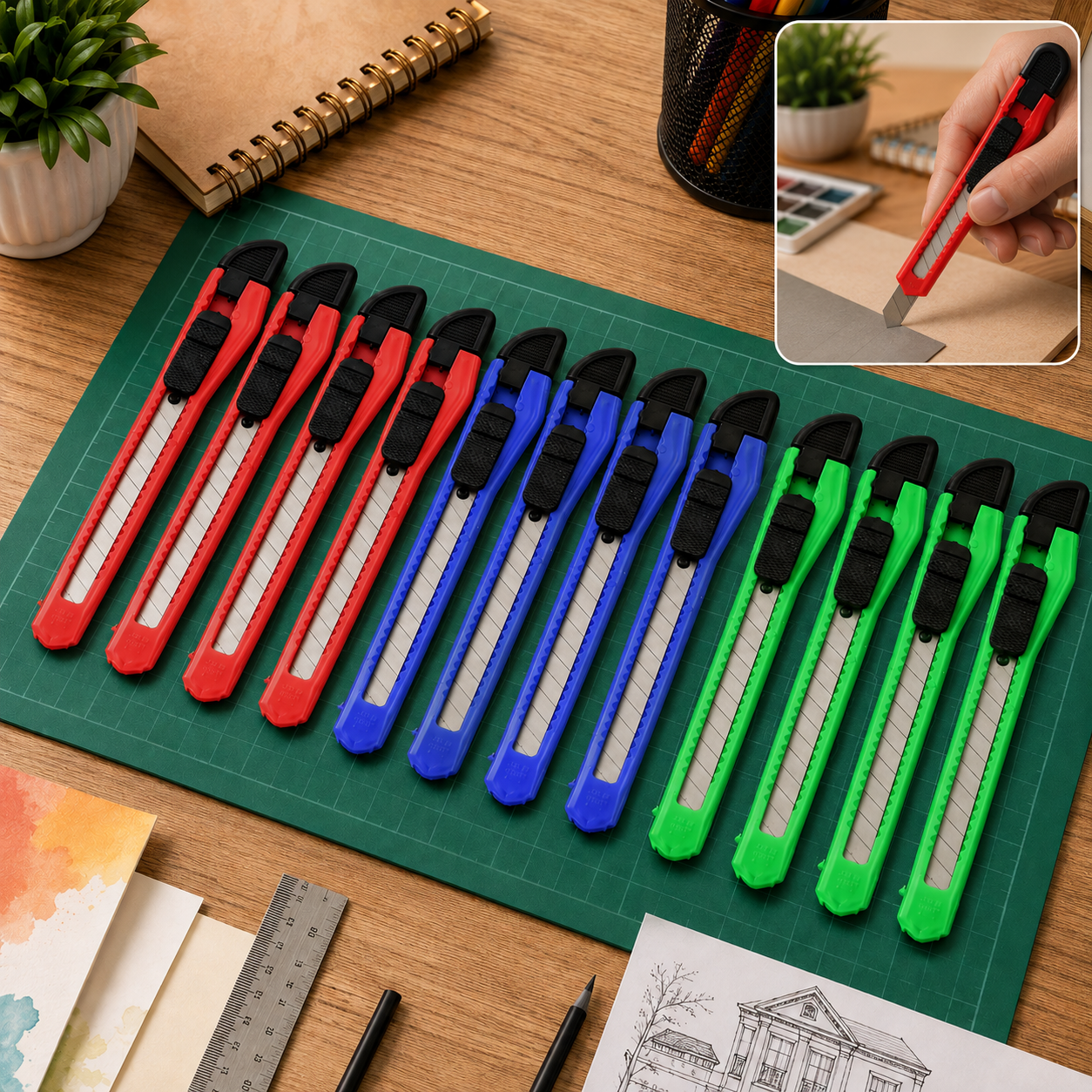 Twelve utility knives in red, blue, and green on a green cutting mat with art supplies.