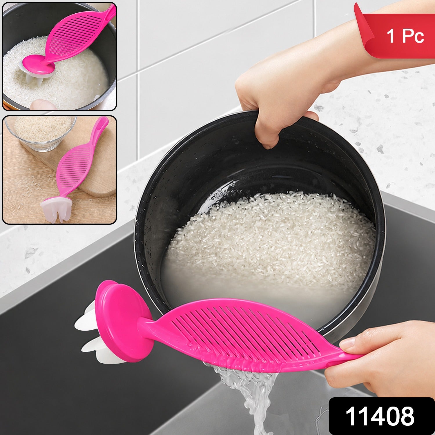 Plastic Kitchen Strainer Spoon with Long Handle for Washing Rice (1 Pc)