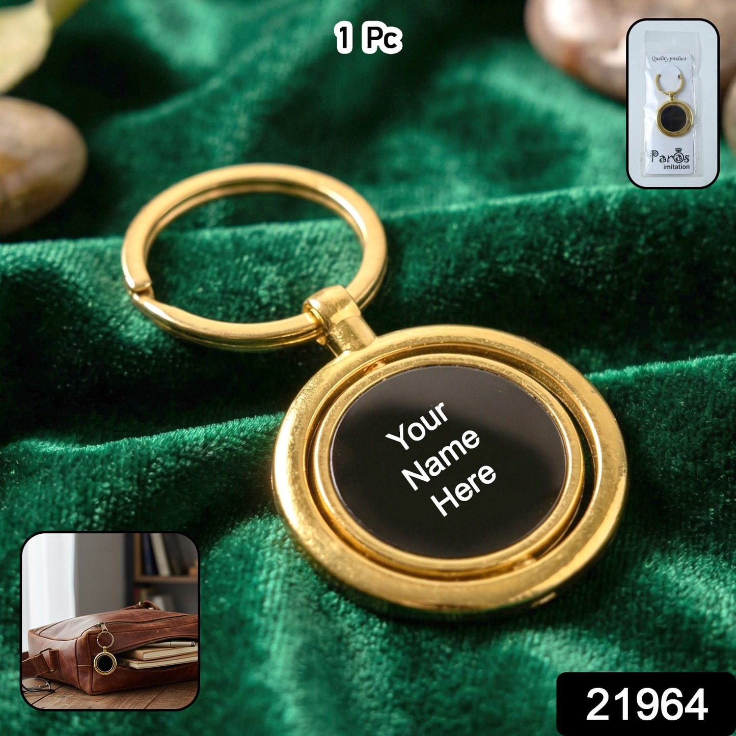 Customized Gold Plated Keychain with Black Round Pendant Rotating (1 Pc)