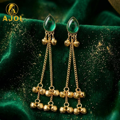 Side view of a green stone gold plated earring with ghungroo bells