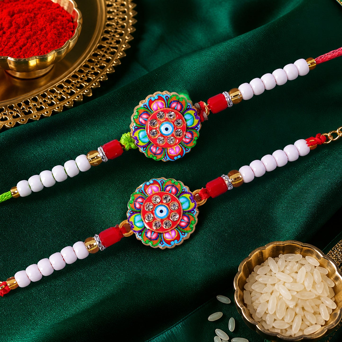 Round Floral Evil Eye Crystal Pearl Beads Bhai Bhabhi Rakhi Set