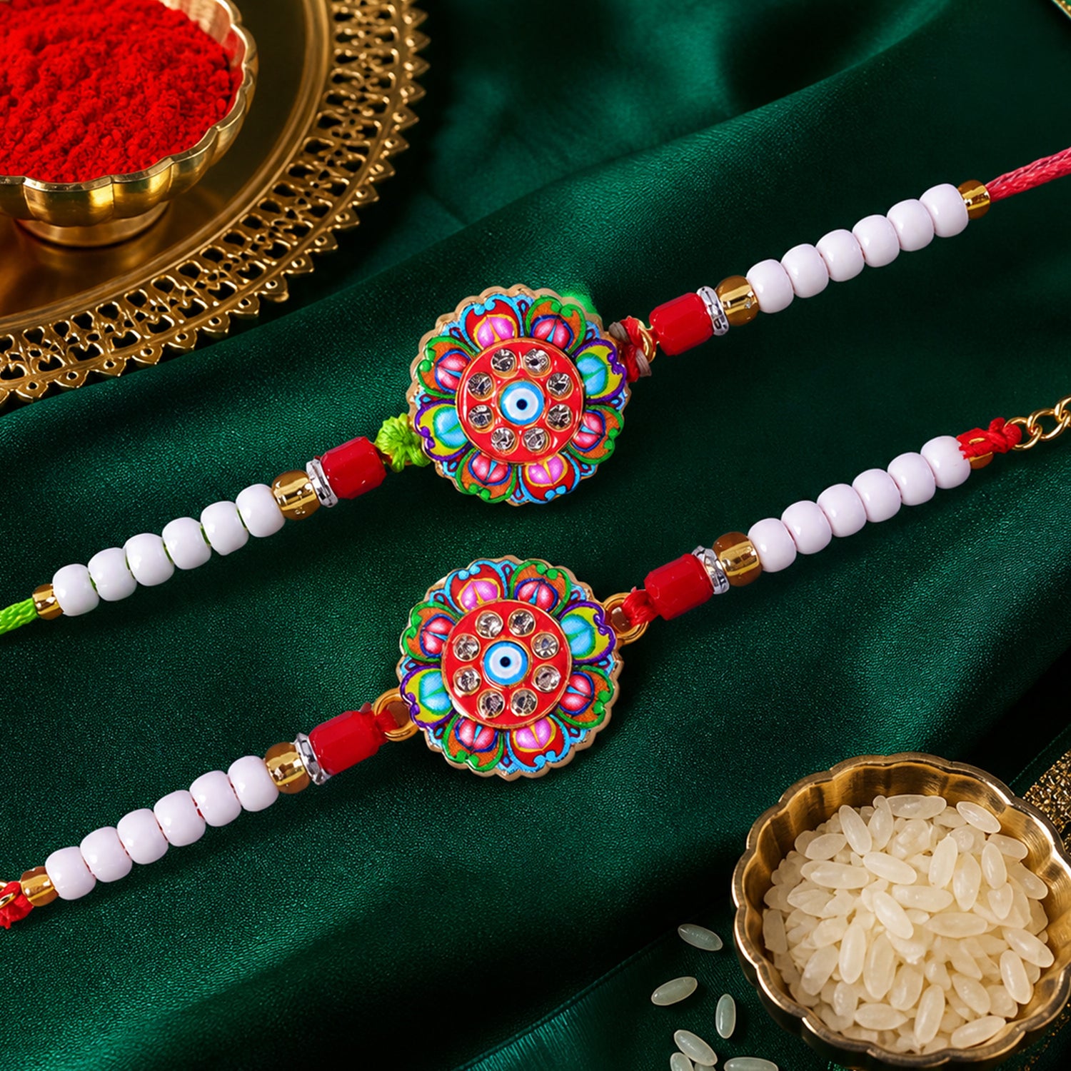 Round Floral Evil Eye Crystal Pearl Beads Bhai Bhabhi Rakhi Set