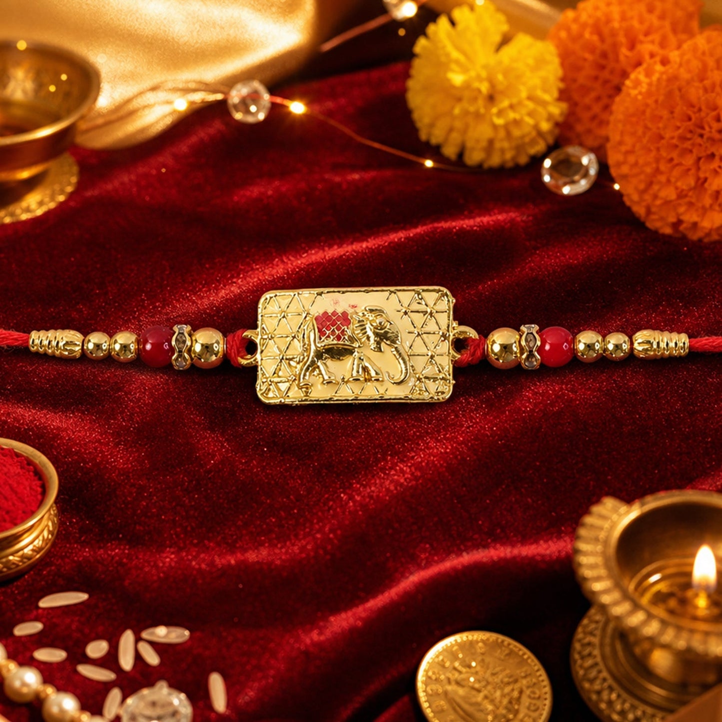 Golden Rectangle Elephant Motif Designer Rakhi for Brothers (5pcs)