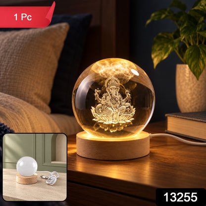 Ganpati 3D Crystal Ball Lamp with Wooden LED Base and USB Cable for Home Decor