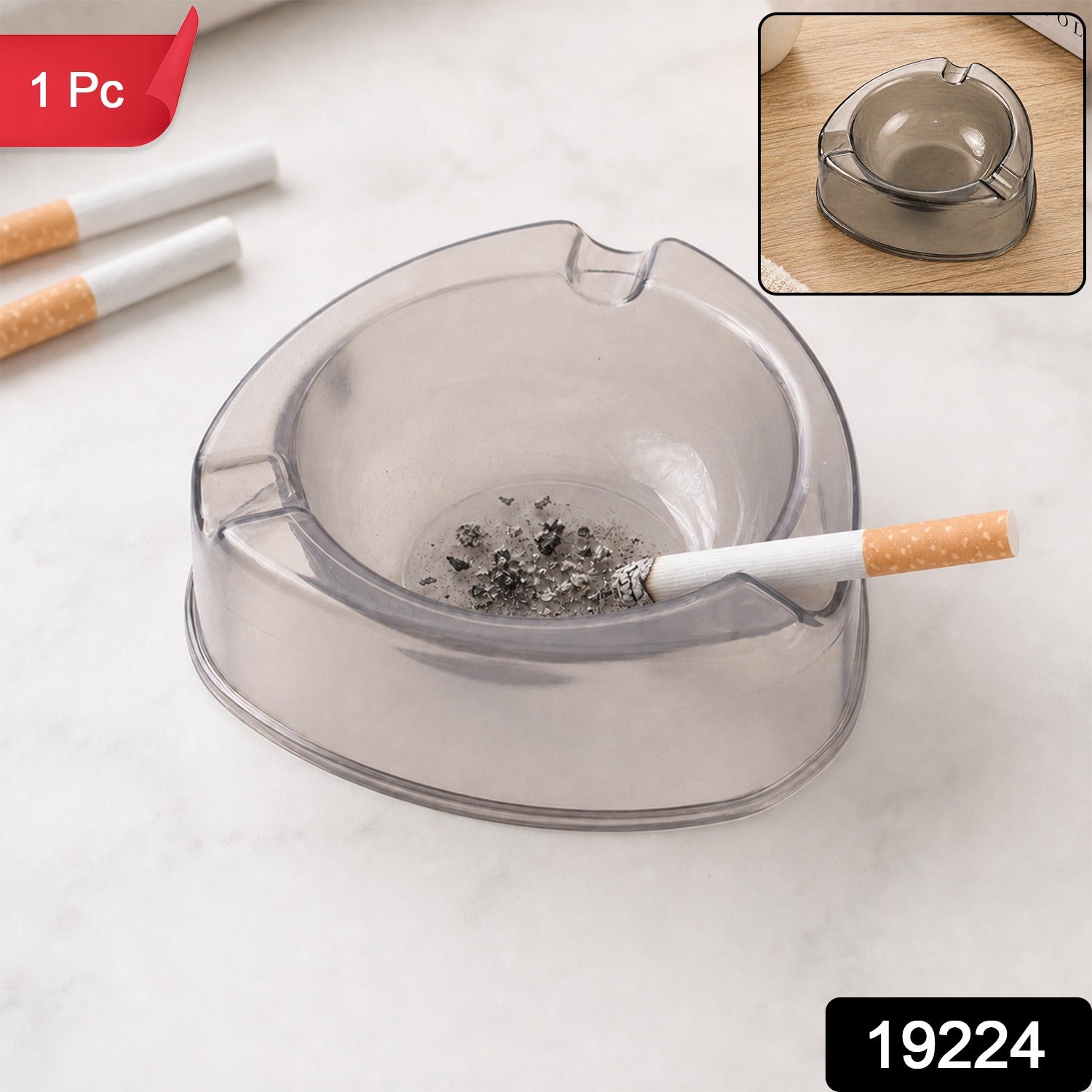Round Transparent Plastic Ashtray with 3 Cigarette Grooves for Table (1 Pc)