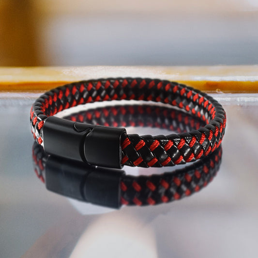 Black Red Braided Leather Bracelets for Men