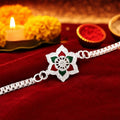 Silver Flower Rakhi – Elegant Red Green Enamel Bracelet