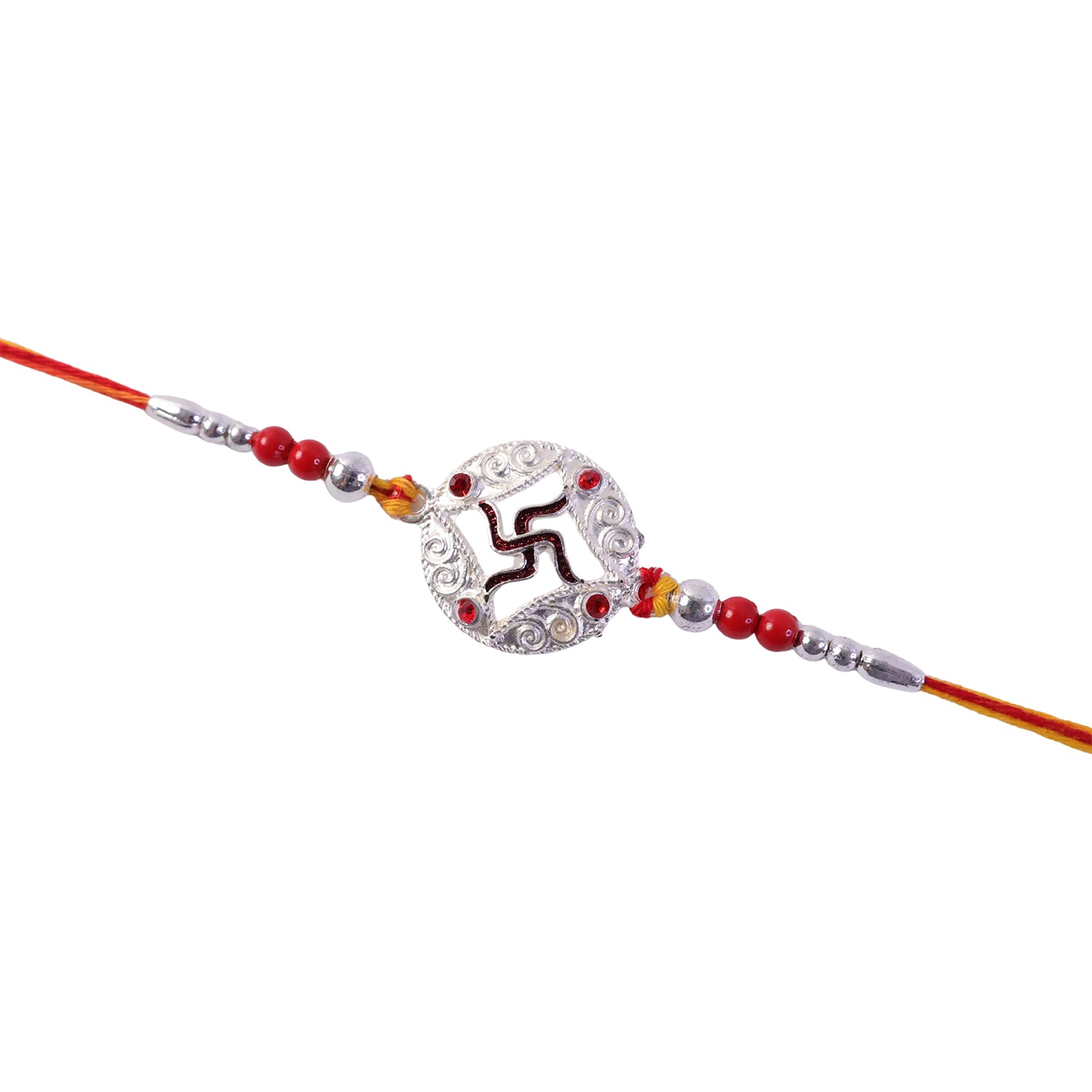 Silver Swastik Stone Rakhi with Red Thread and Handmade Look