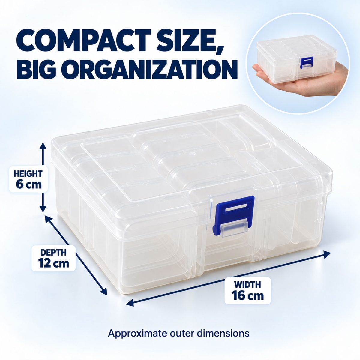 A clear plastic storage box with a blue clip, showing approximate outer dimensions: height 6 cm, depth 12 cm, and width 16