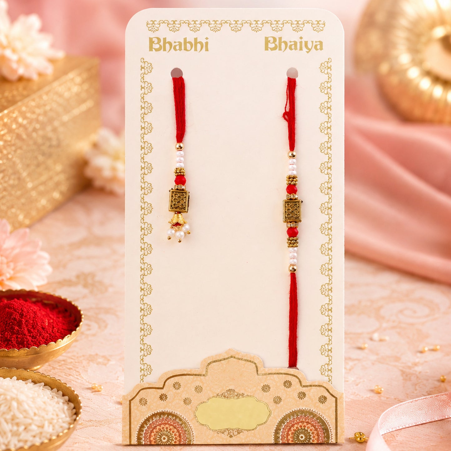 Geometric Rectangle Bhai Bhabhi Rakhi with Rectangular Emblem and Pearls for Gifting