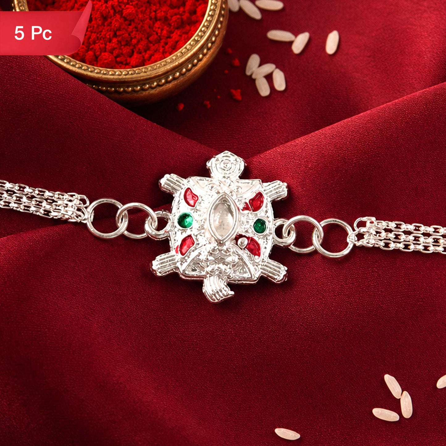Turtle Rakhi Silver Finish with Enamel Highlights (5pcs)