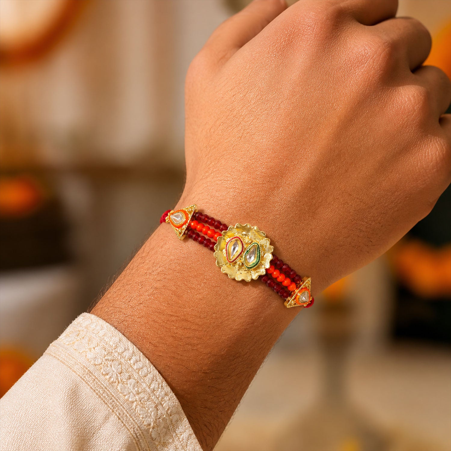 Red Beaded Floral Rakhi with Golden Center and Traditional Festive Gift Appeal Ideas