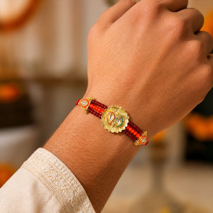 Red Beaded Floral Rakhi with Golden Center and Traditional Festive Gift Appeal Ideas
