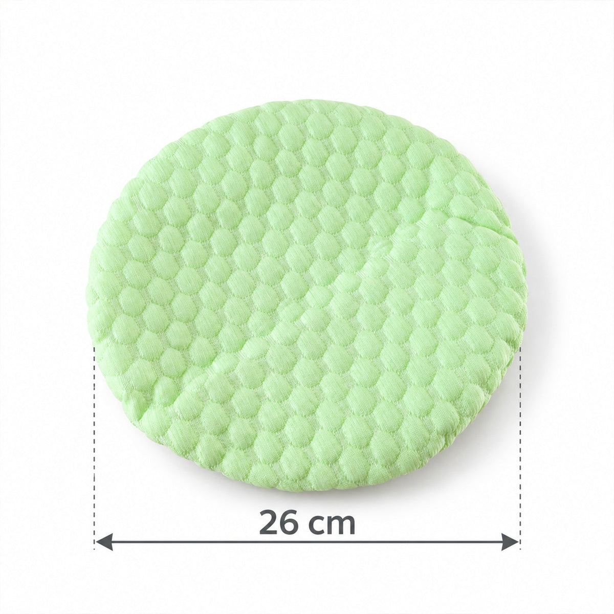 Light green textured round cushion cover with a honeycomb pattern on a white background, showing 26 cm dimension.