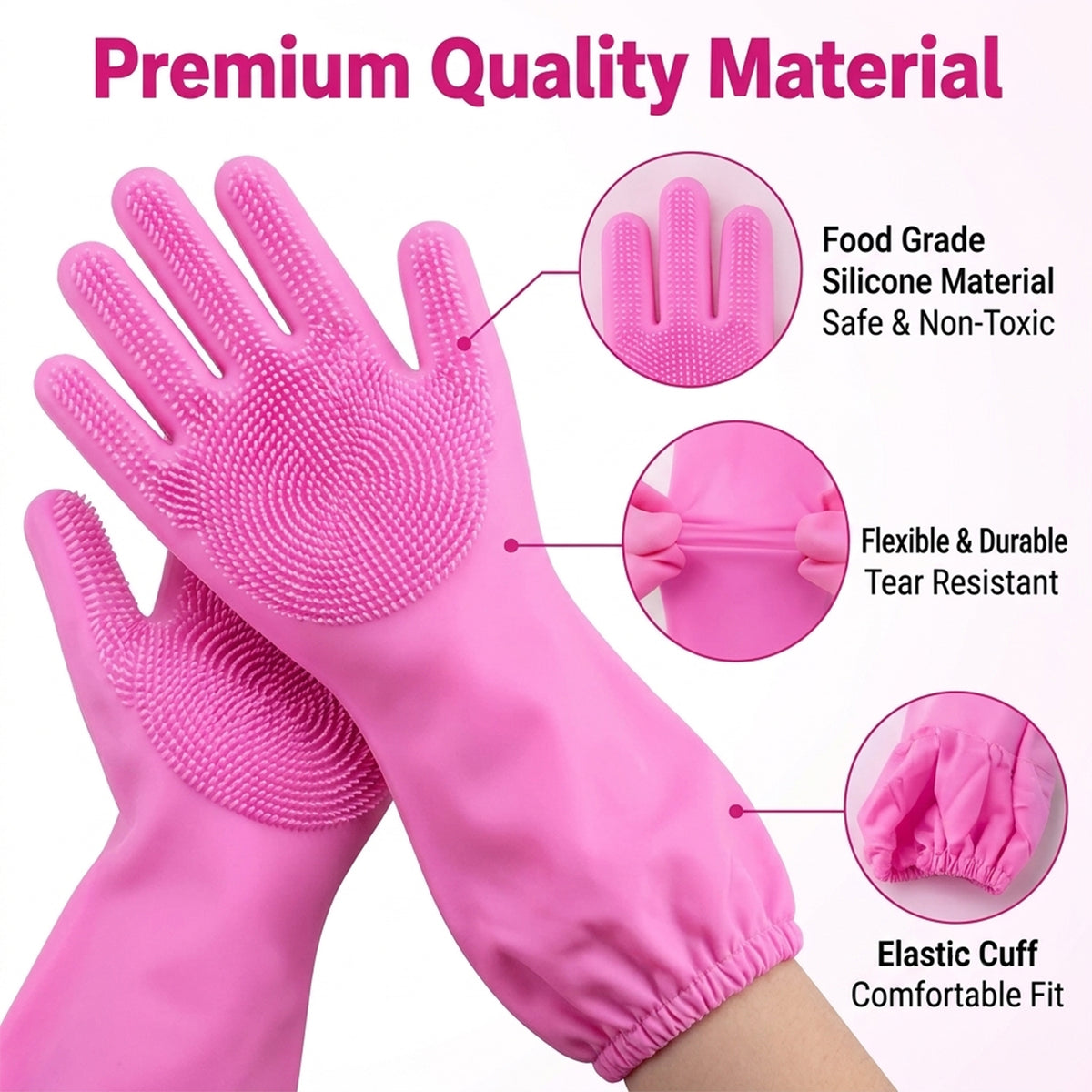 Long Cuff Silicone Scrubber Cleaning Gloves for Kitchen and Home Use