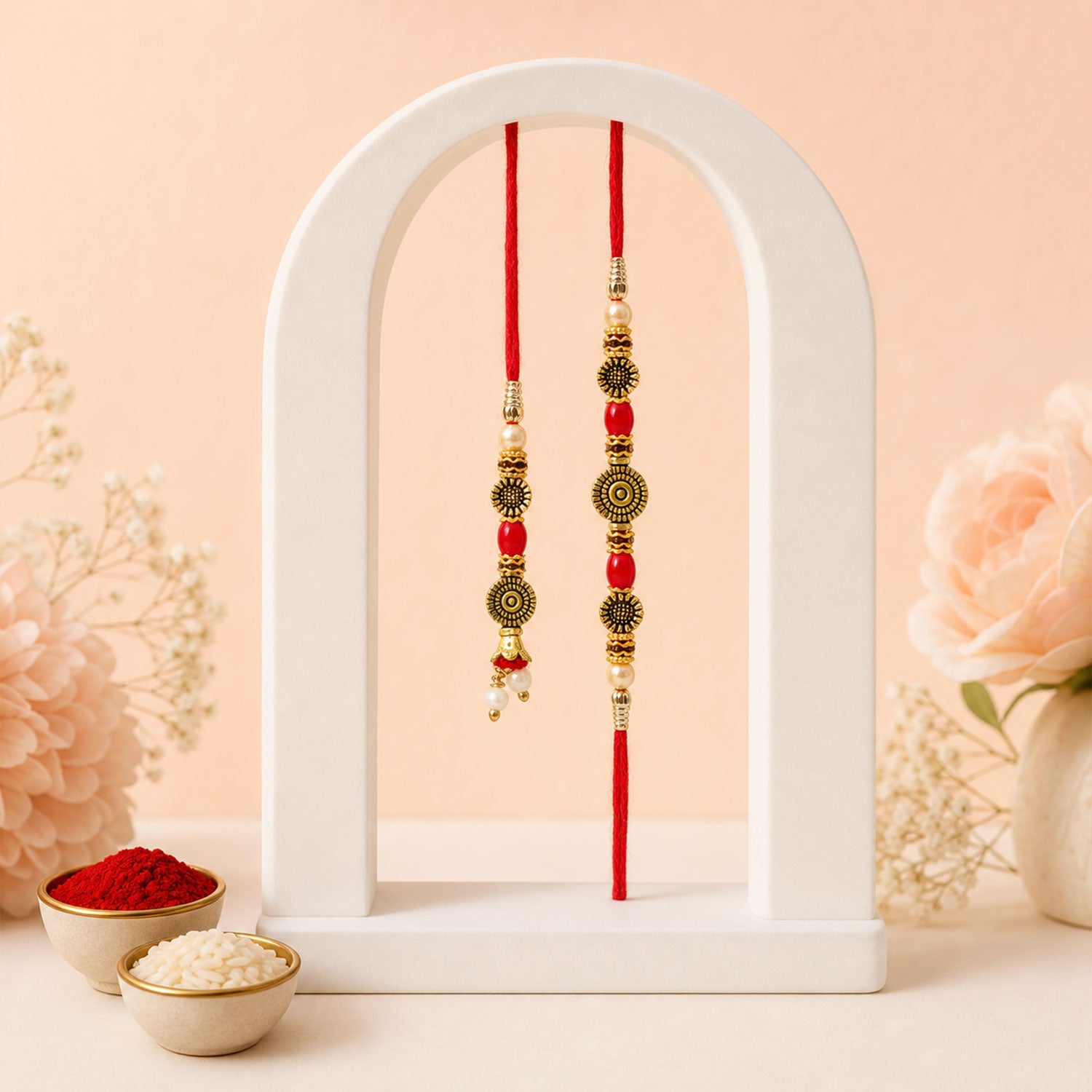 Graceful Beaded Minimal Design Bhai Bhabhi Rakhi with Beads and Disc for Gifting