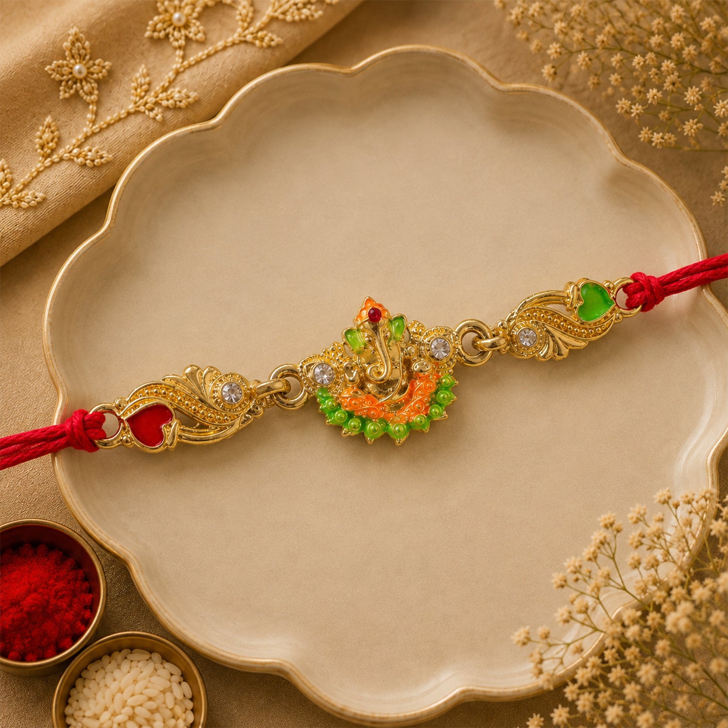 Gold-Toned Lord Ganesha Rakhi with Orange-Green Enamel, Crystal Accents & Red Thread