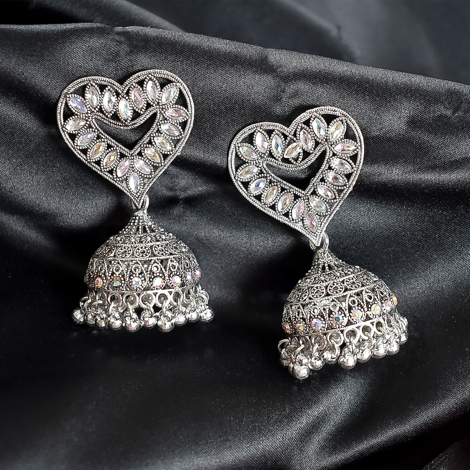 Heart-Shaped White-Coloured Jhumka Earrings with Diamond Detailing