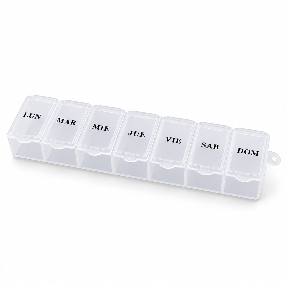 A translucent plastic 7-day pill organizer with Spanish day labels is shown on a plain white background.