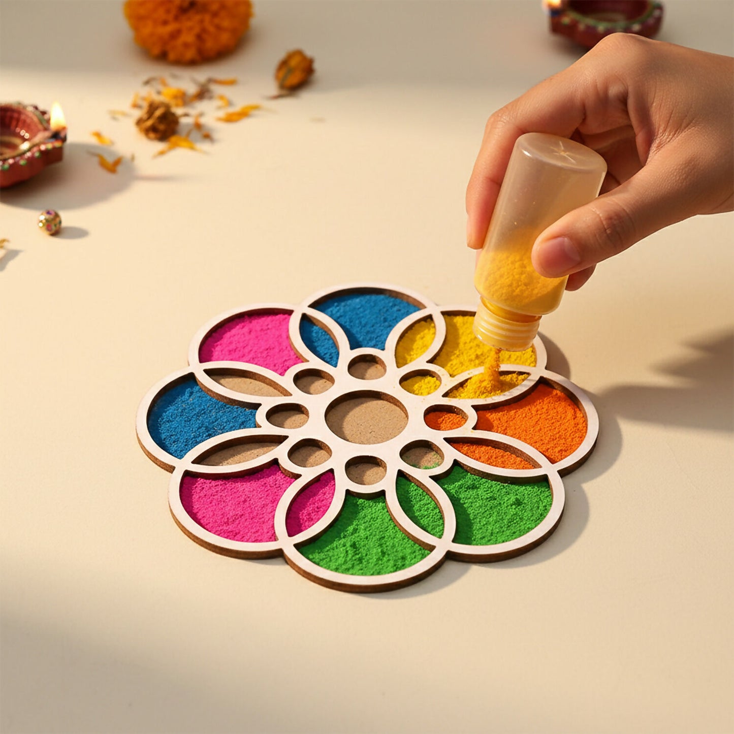 Wooden Rangoli Stencil | Round Petal Flower Design