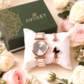 Rose Gold Round Dial Watch with Black Butterfly Charm Bracelet for Women