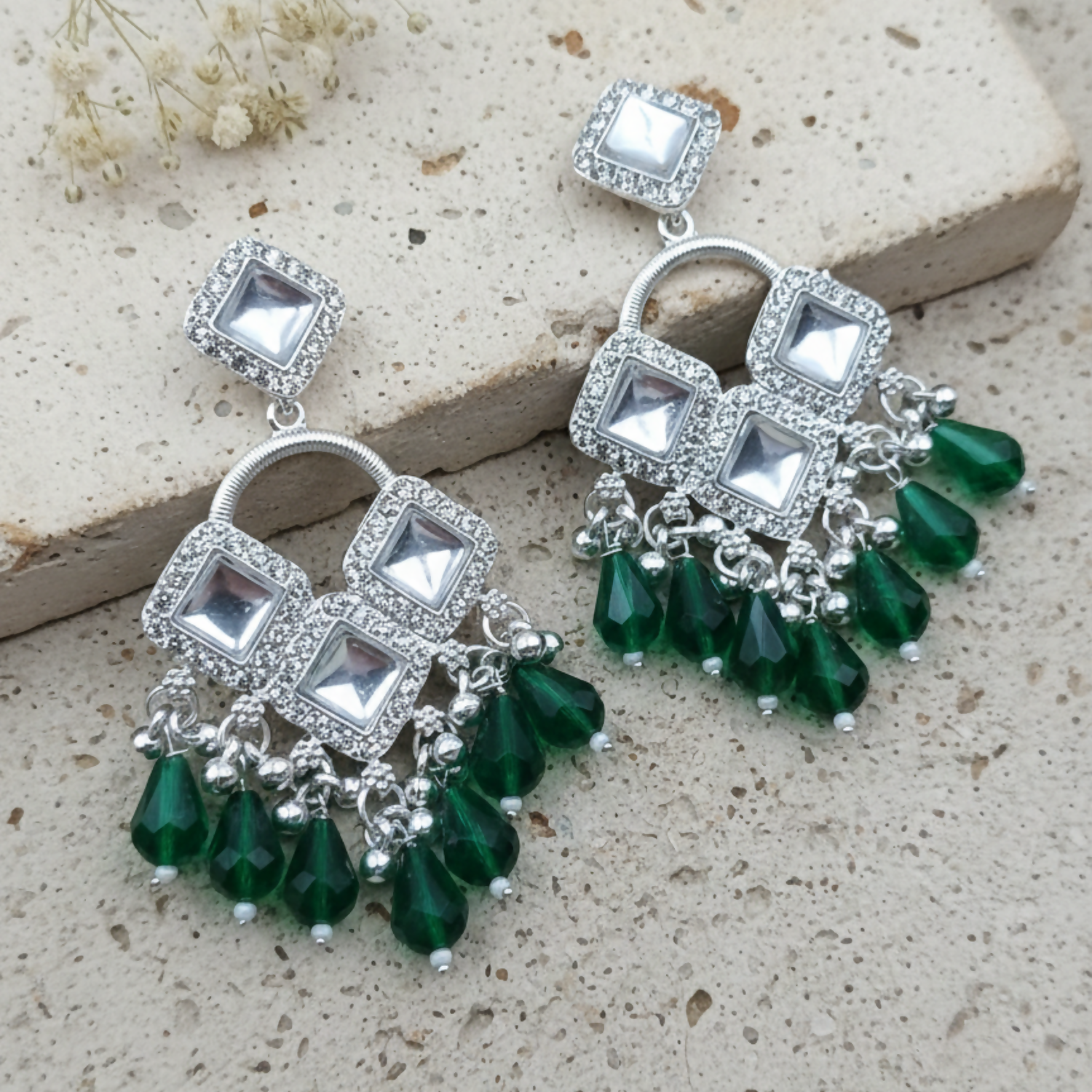 Elegant Silver Plated Chandelier Earrings Featuring Square Crystals and Green Teardrop Beads