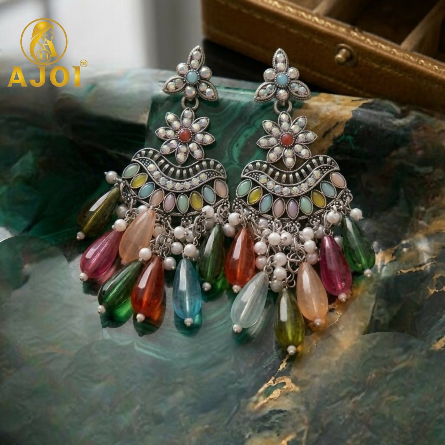 Oxidized Floral Earrings with Multicolor Drop Beads & Pearl Tassels