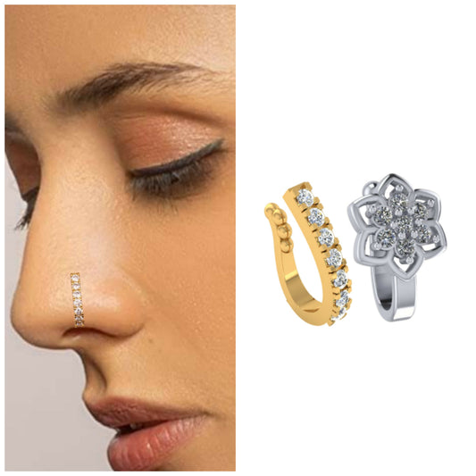 Floral Cubic Zirconia Fake Nose Ring (No Piercing) Combo Pack of 2