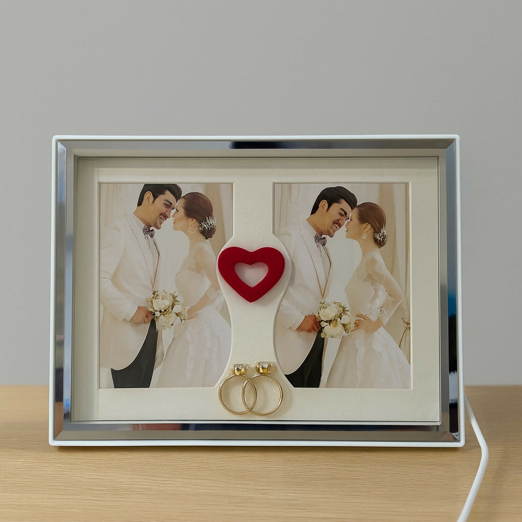 Romantic LED Light Wedding Photo Frame for Couple | Dual Photo Display Frame with Heart Centerpiece & Golden Rings | Anniversary, Valentine, Marriage, Bedroom Decoration Gift | USB Powered Elegant Love Photo Frame for Home Décor