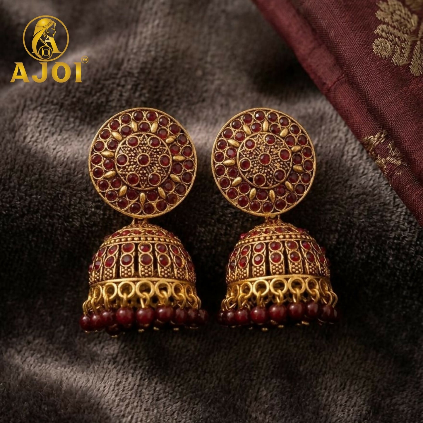 Antique Gold Maroon Stone Jhumka Earrings Traditional Ethnic Design