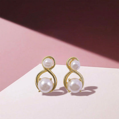 Elegant Korean pearl infinity stud earrings with gold finish