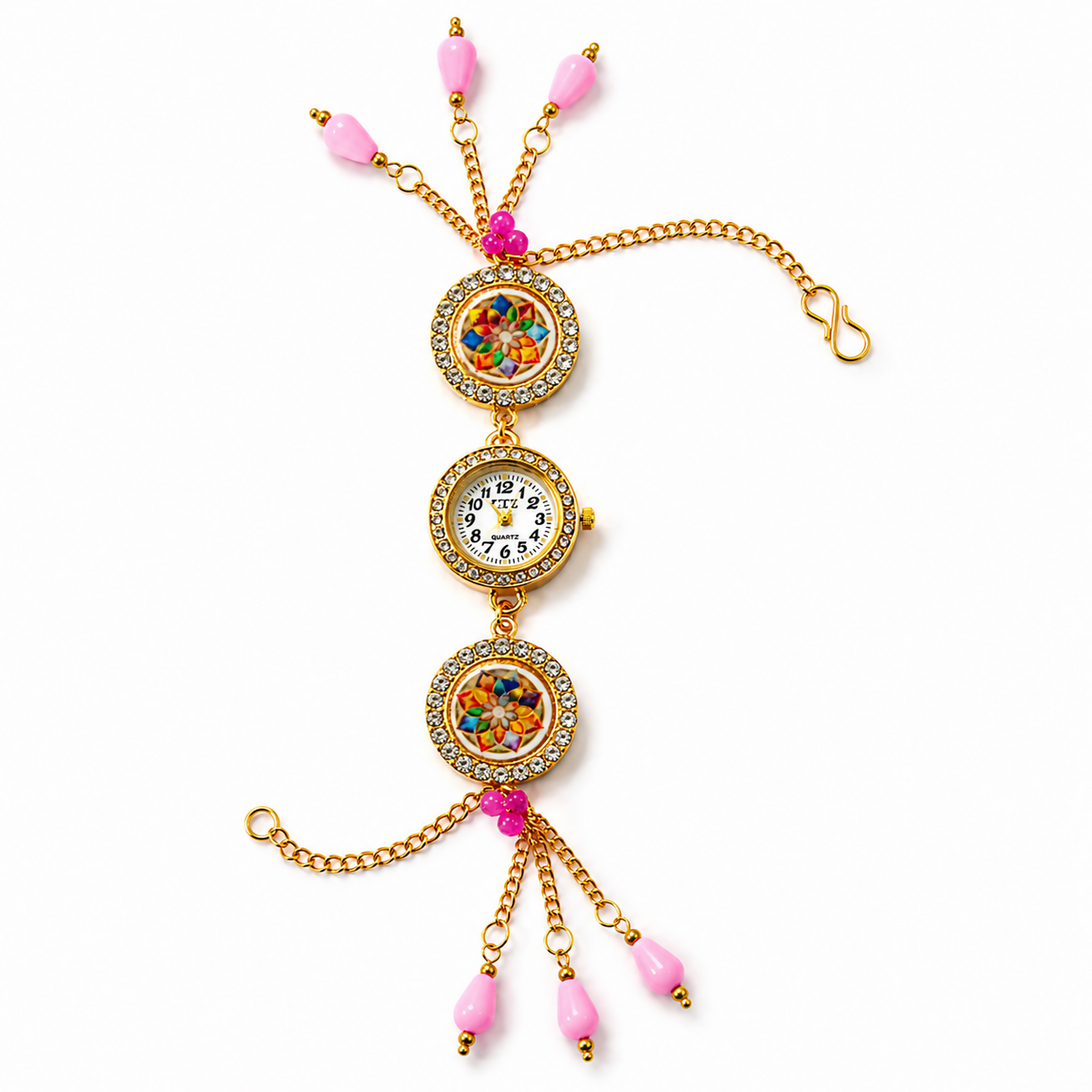 Gold-plated watch bracelet with pink beads and colorful enamel designs on a white background.