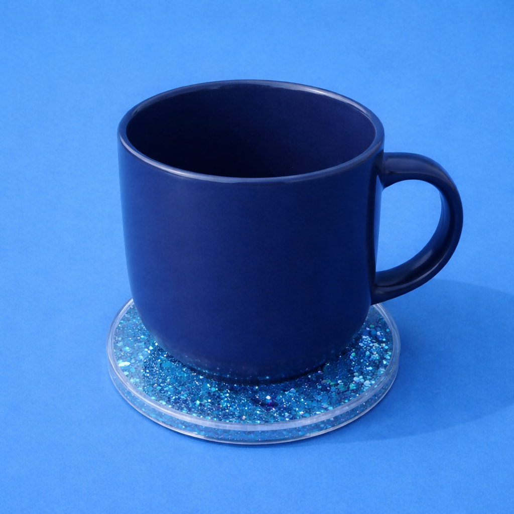 Blue Glitter Resin Tea Coaster Round Sparkle Cup Coaster for Table Decor (MUG NOT INCLUDED)