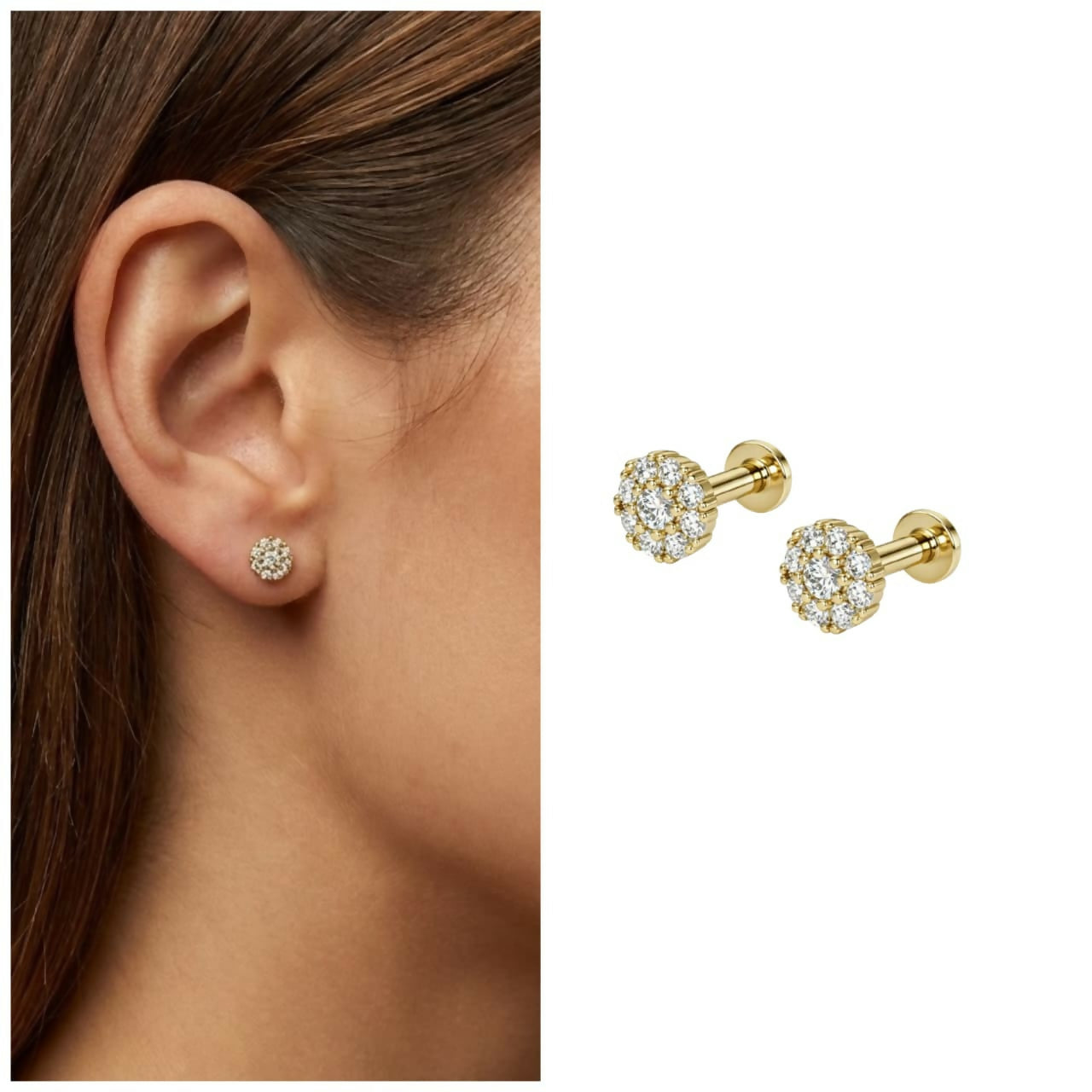 Close-up of gold flat back diamond cluster earrings showcasing floral design