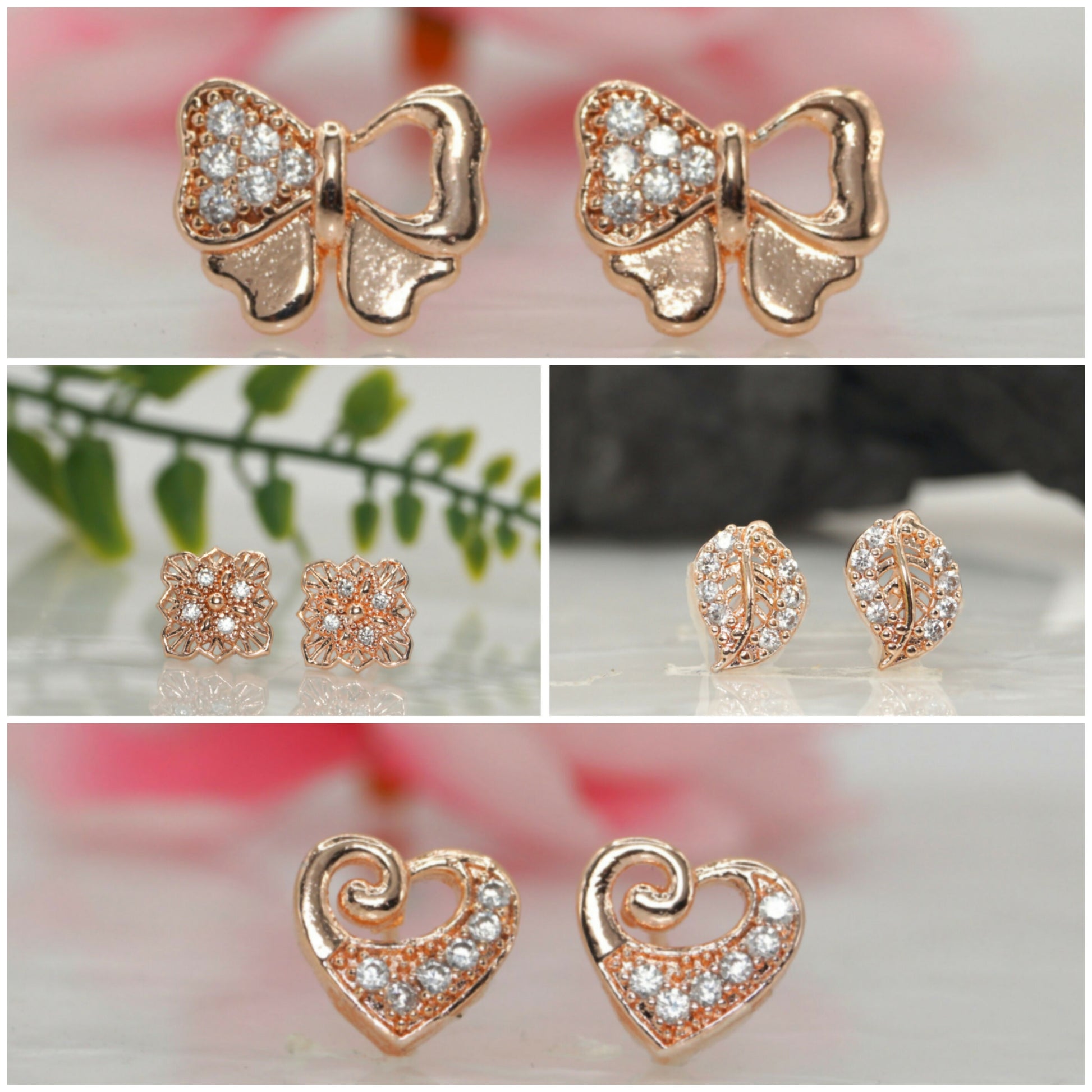 Rose Gold Plated CZ Stud Earrings Combo (4 Pairs) for women and girls