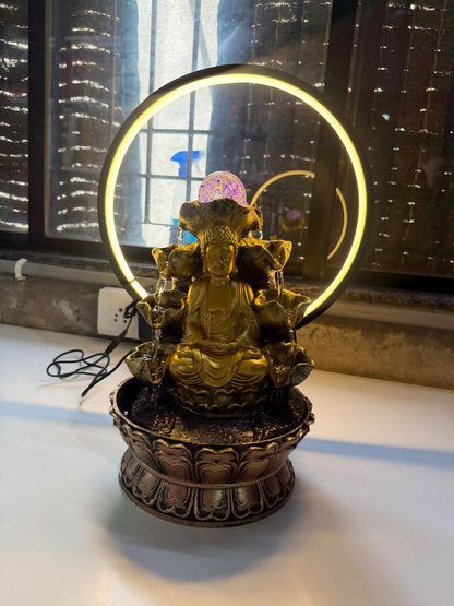 Buddha Water Fountain with LED Ring Light Decorative Tabletop