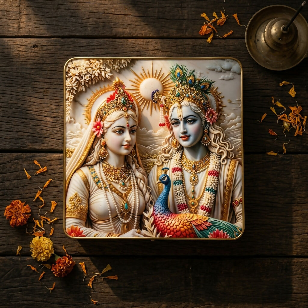 3D Radha Krishna crystal wall art front view with white and gold tones