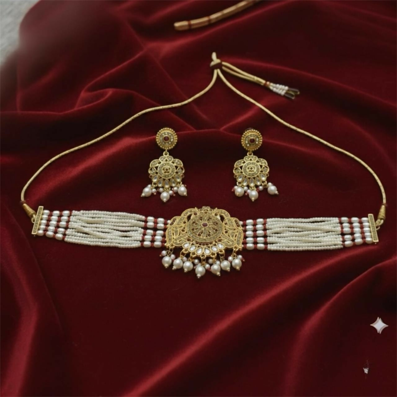 Premium Gold Pearl Traditional Necklace With Earrings.