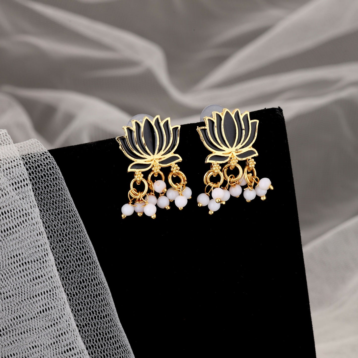 Gold Necklace with Black Lotus & White Beads Pendant for Women Stylish Jewelry