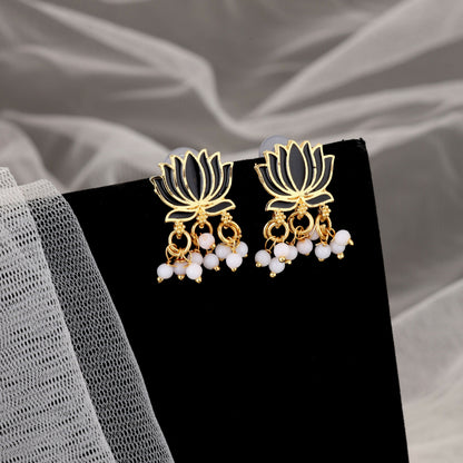 Gold Necklace with Black Lotus & White Beads Pendant for Women Stylish Jewelry