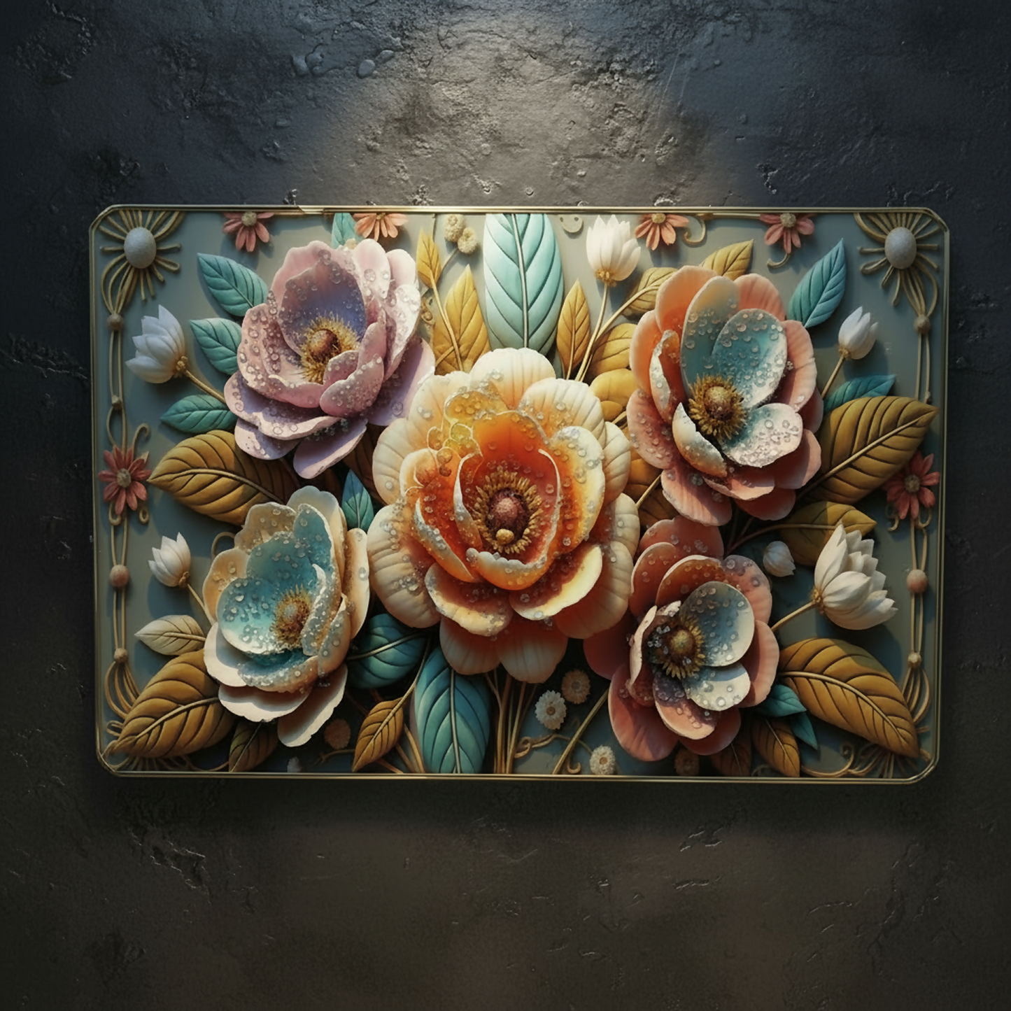Premium 3D Floral Wall Art Panel – Luxury Golden Frame Home Decor