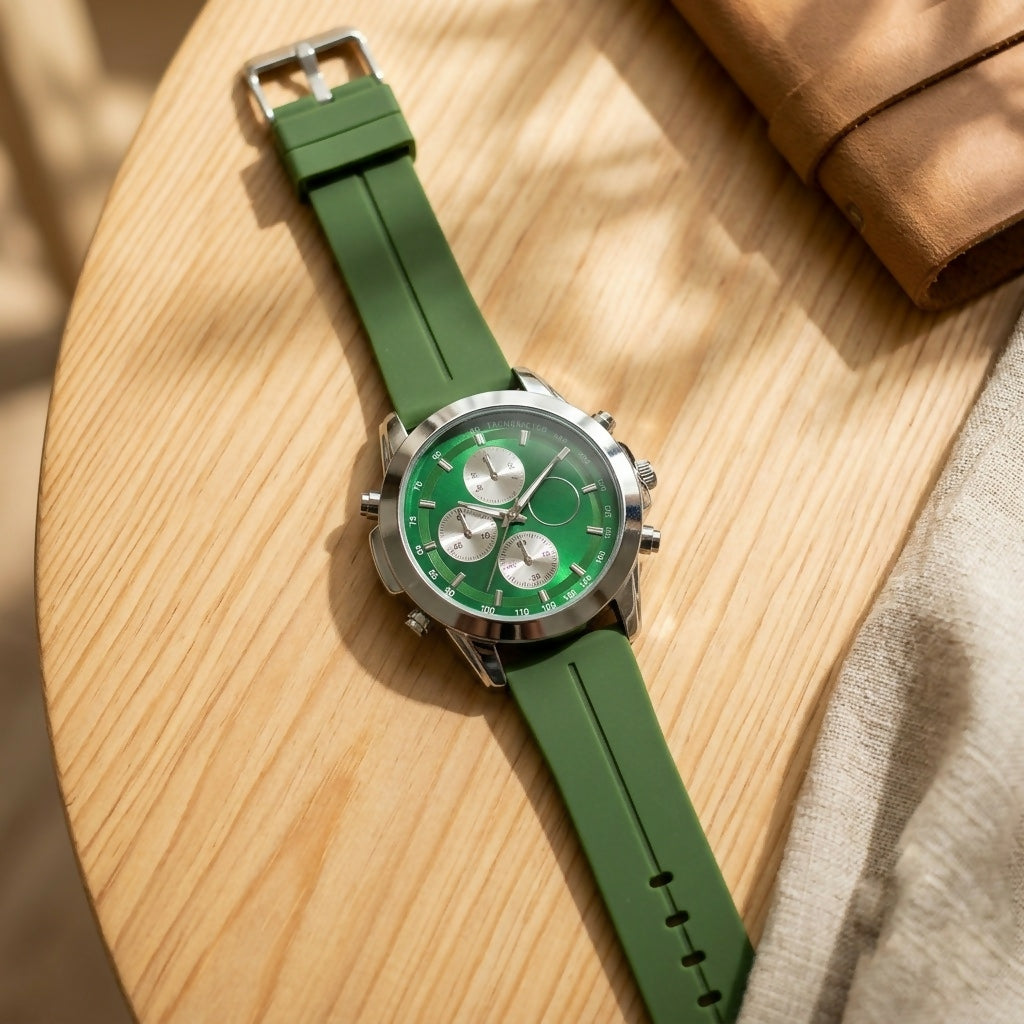 A green watch with a silver buckle and a rubber strap, laid flat on a light wooden table with natural sunlight.