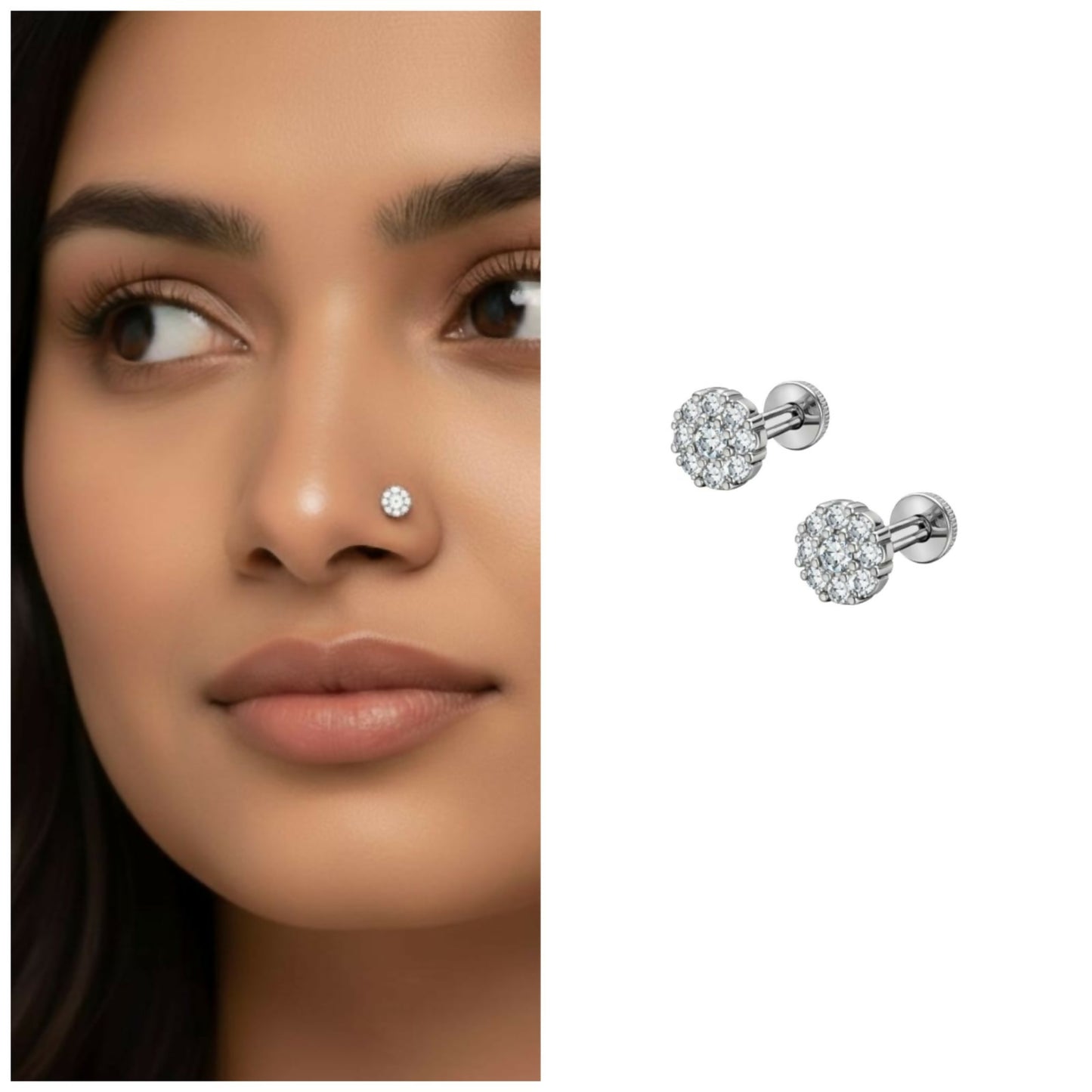 Silver plated sparkling crystal floral cluster nose pin displaying intricate flower design