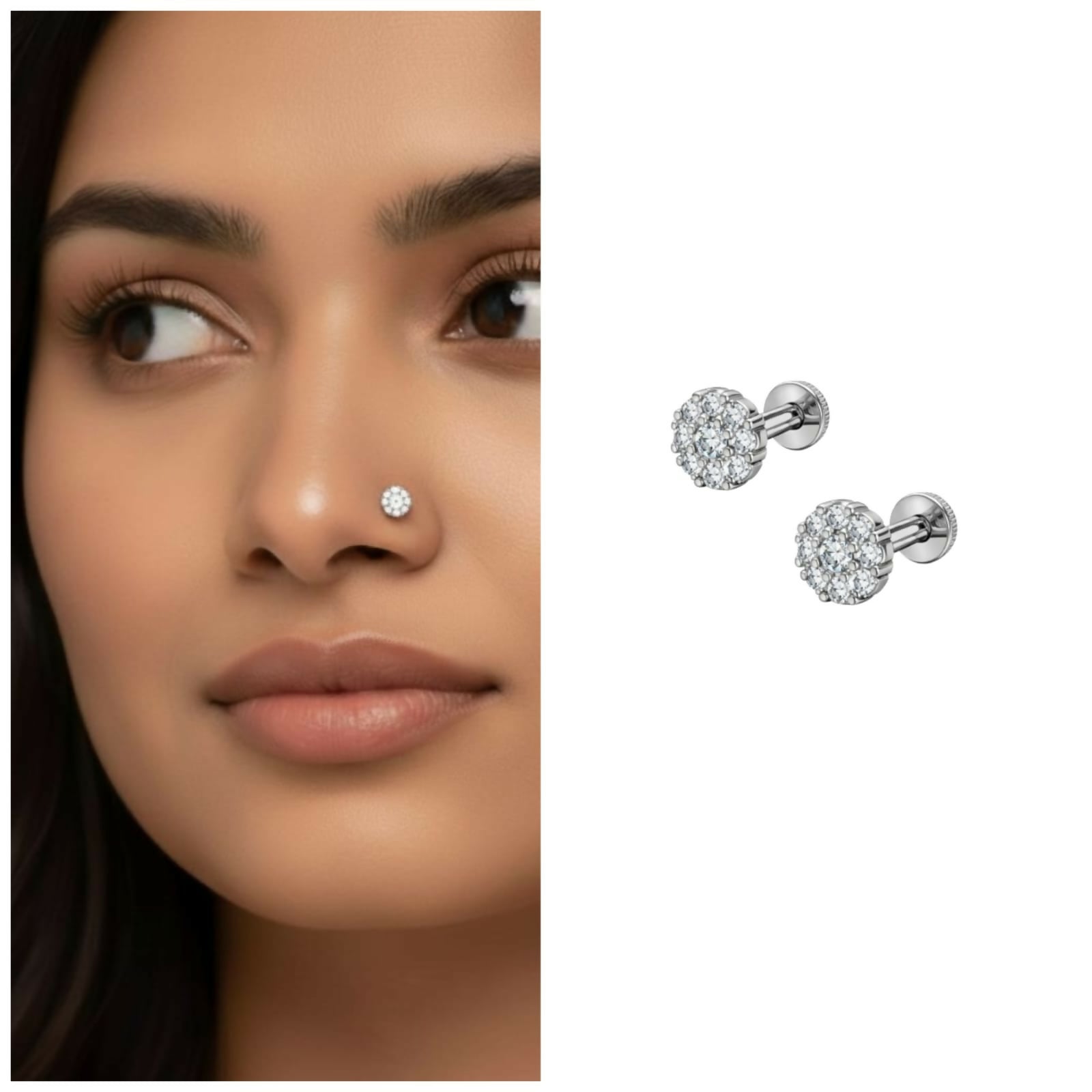 Silver plated sparkling crystal floral cluster nose pin displaying intricate flower design