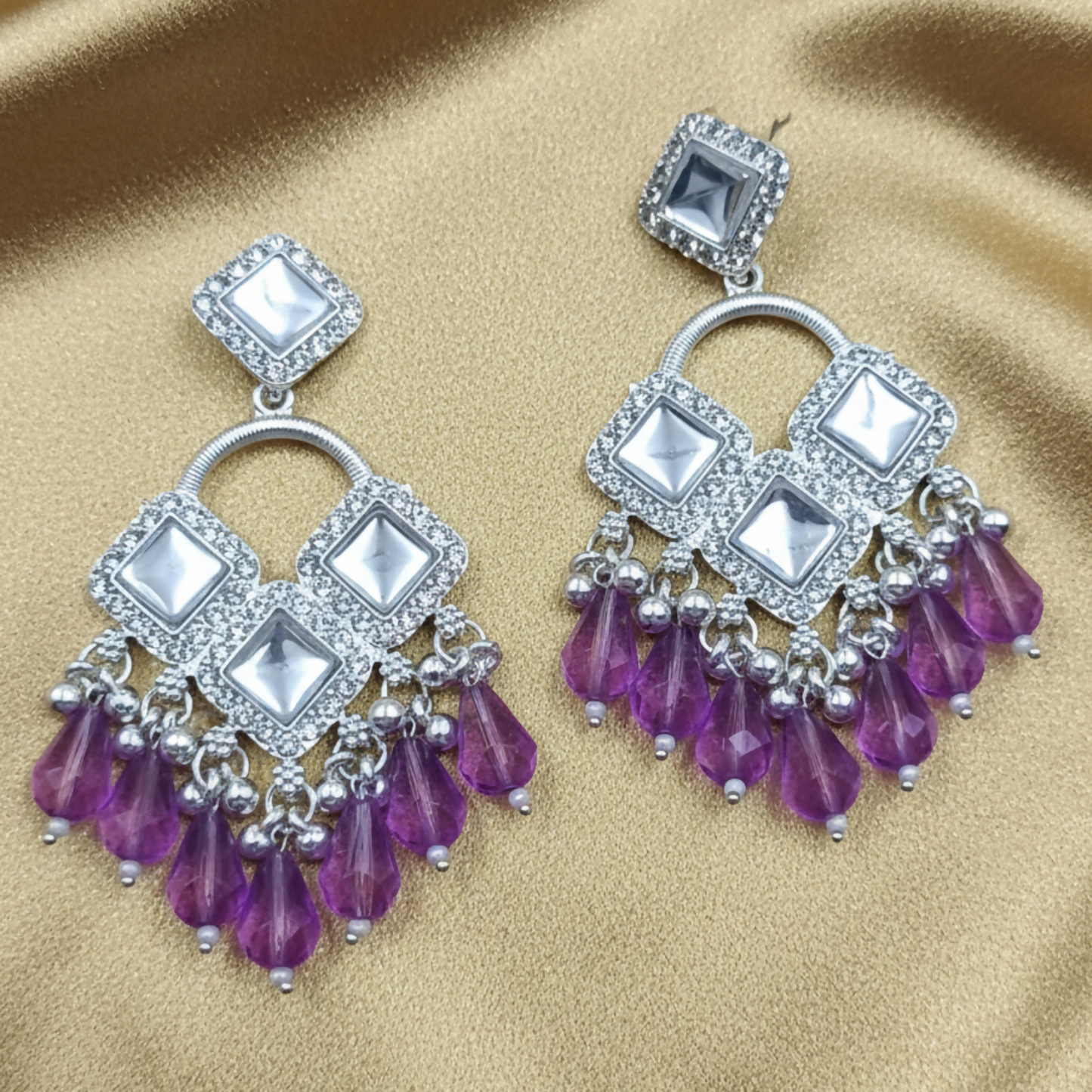Elegant Silver Plated Chandelier Earrings Featuring Square Crystals and Purple Teardrop Beads